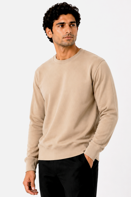 Warm Beige French Terry Full Sleeve Round Neck Tee
