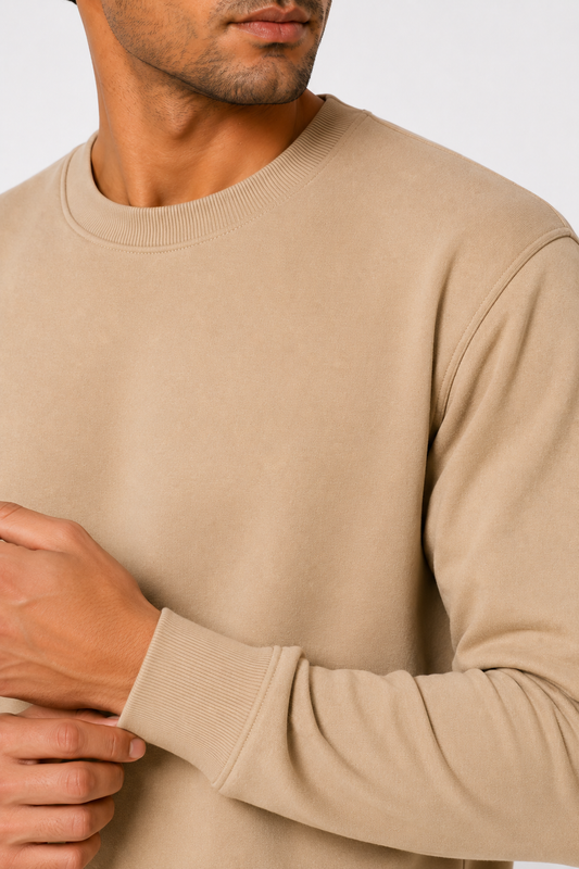 Warm Beige French Terry Full Sleeve Round Neck Tee