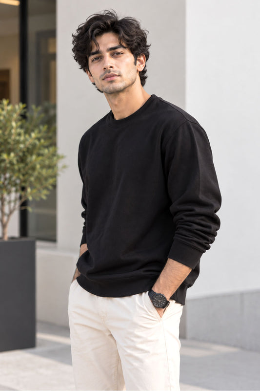 Special Black French Terry Full Sleeve Round Neck Tee