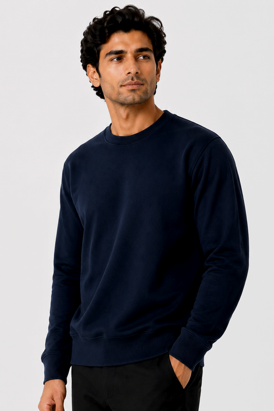 Navy Blue French Terry Full Sleeve Round Neck Tee