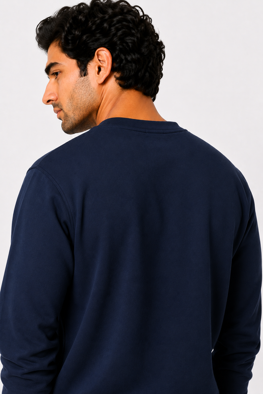Navy Blue French Terry Full Sleeve Round Neck Tee