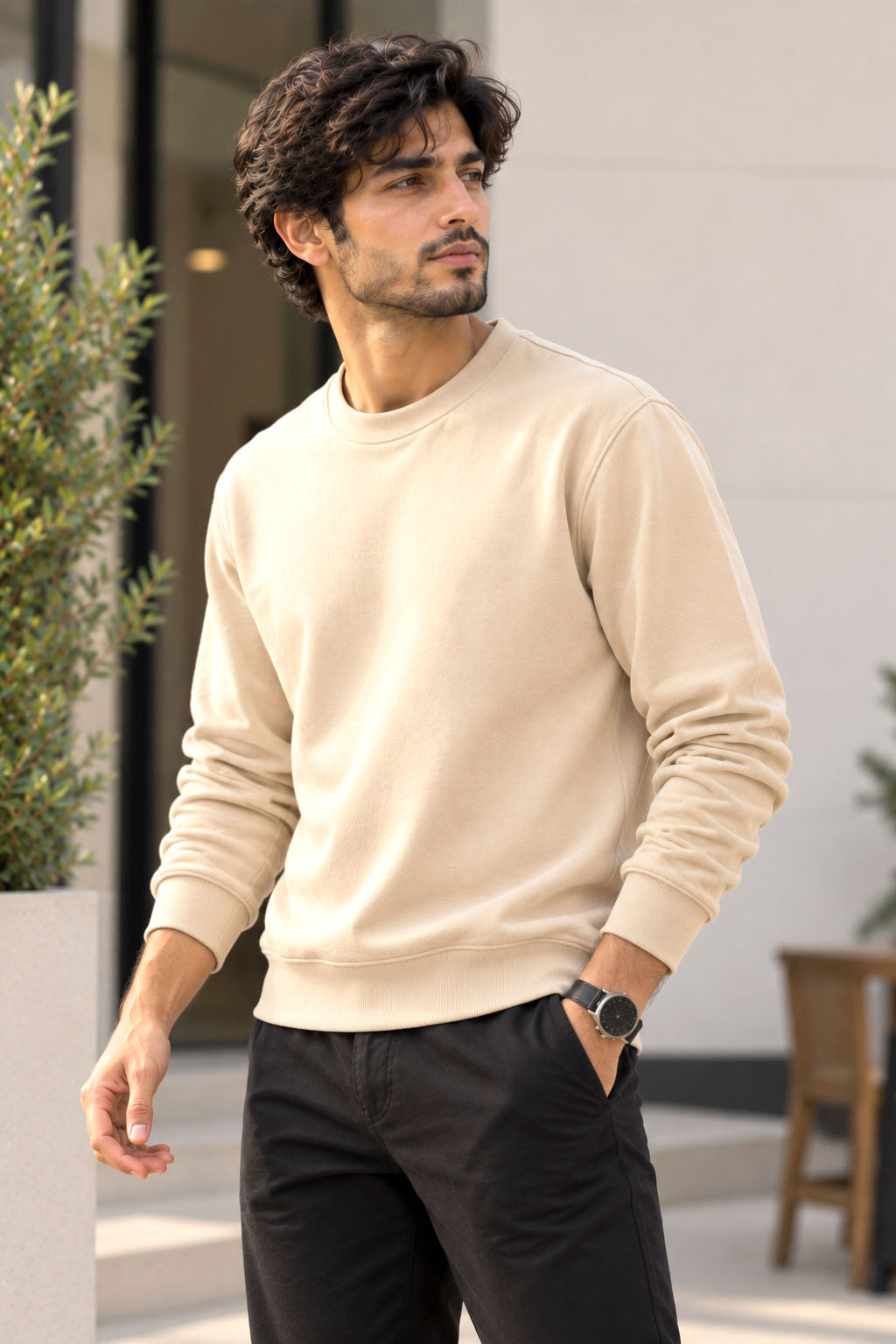Warm Beige French Terry Full Sleeve Round Neck Tee