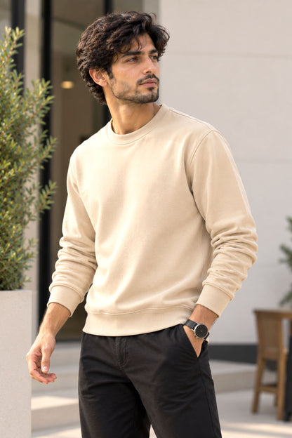 Warm Beige French Terry Full Sleeve Round Neck Tee