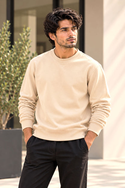 Warm Beige French Terry Full Sleeve Round Neck Tee