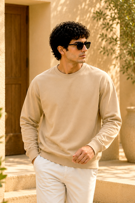 Warm Beige French Terry Full Sleeve Round Neck Tee