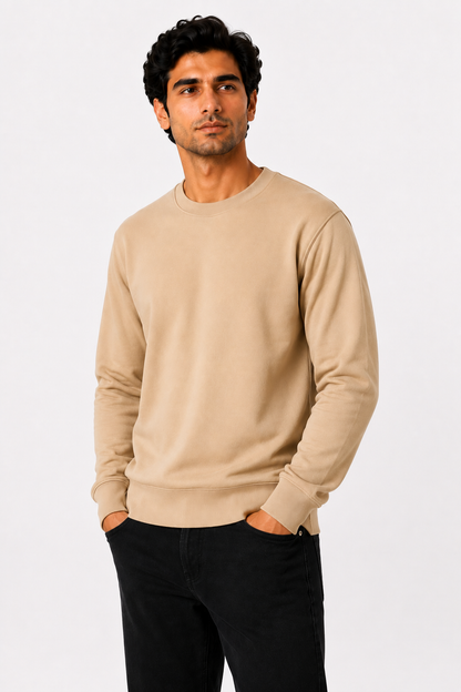 Warm Beige French Terry Full Sleeve Round Neck Tee