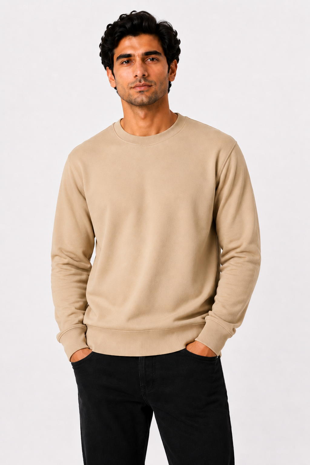 Warm Beige French Terry Full Sleeve Round Neck Tee