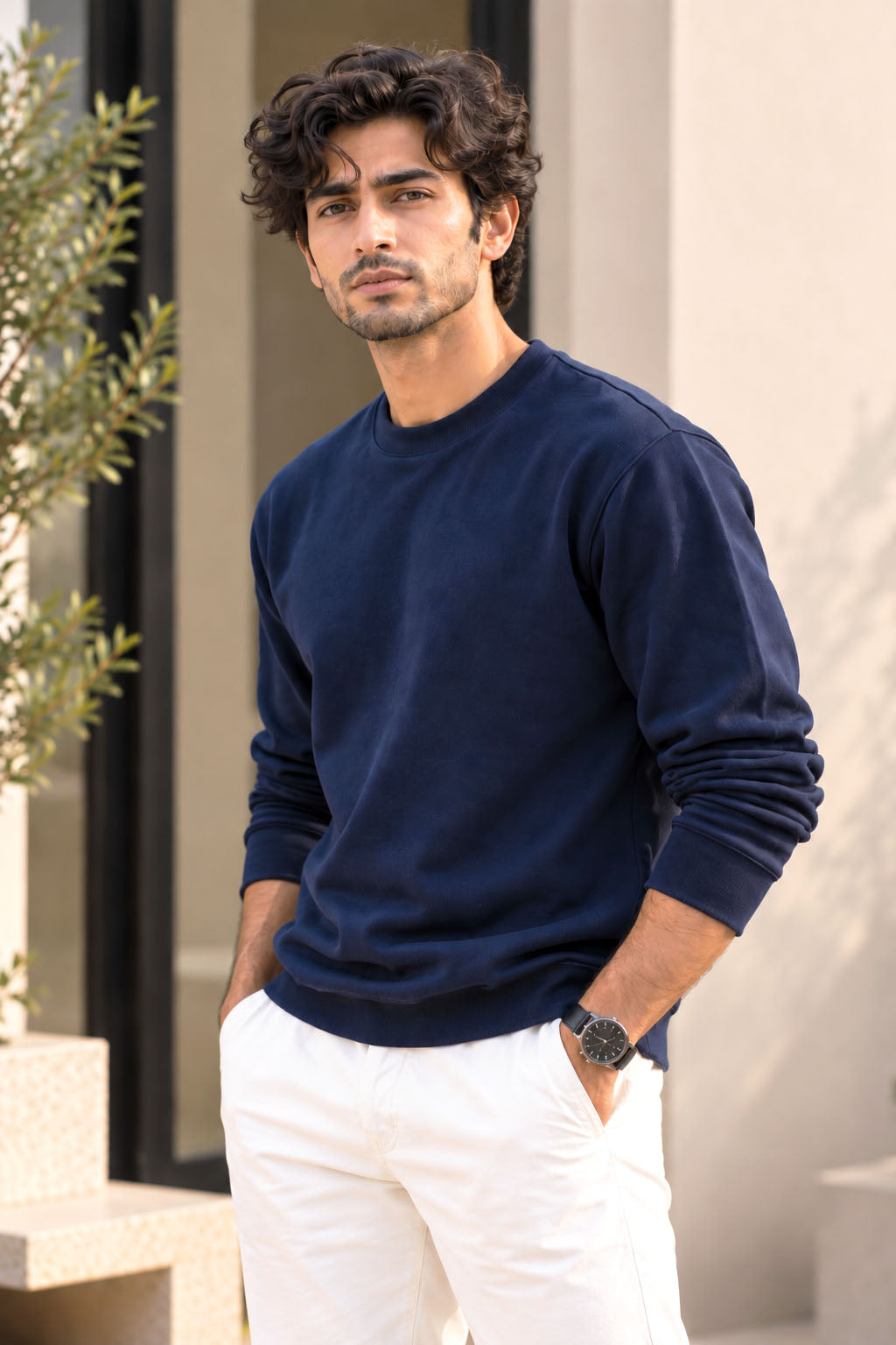 Navy Blue French Terry Full Sleeve Round Neck Tee