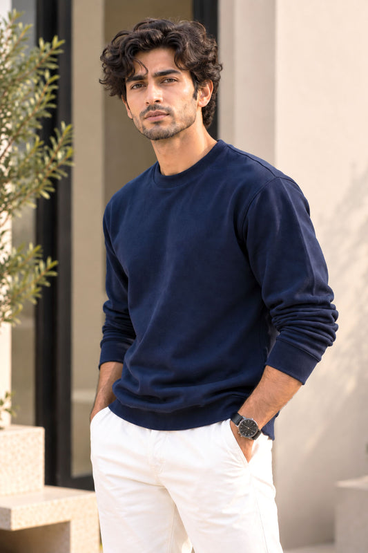 Navy Blue French Terry Full Sleeve Round Neck Tee
