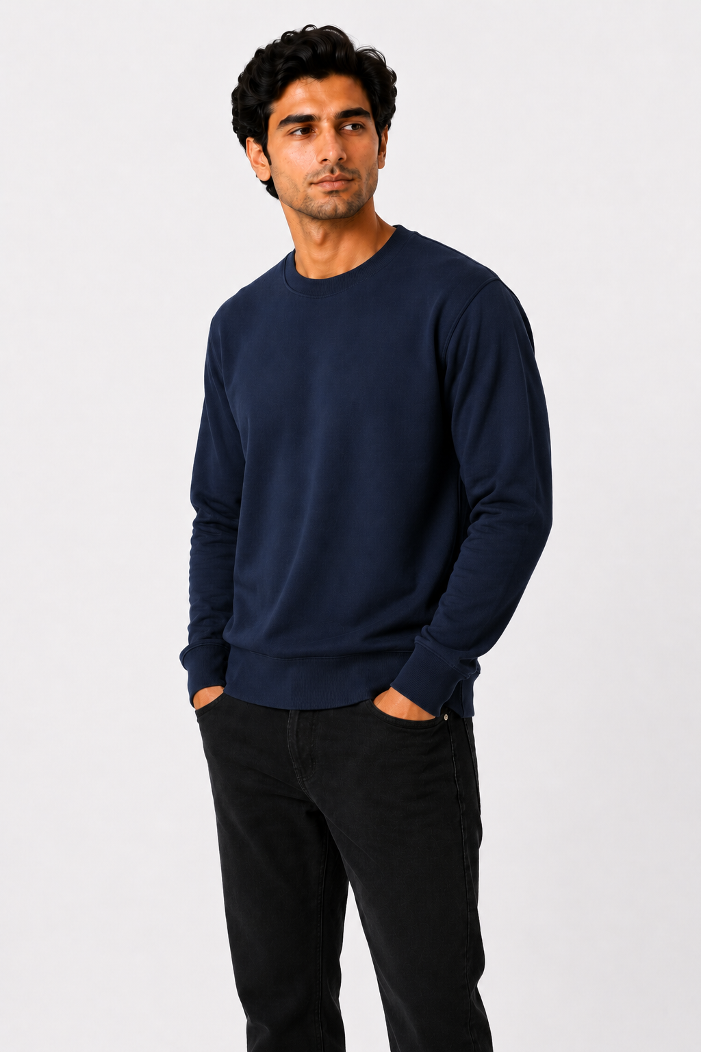 Navy Blue French Terry Full Sleeve Round Neck Tee