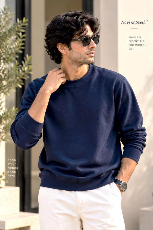 Navy Blue French Terry Full Sleeve Round Neck Tee