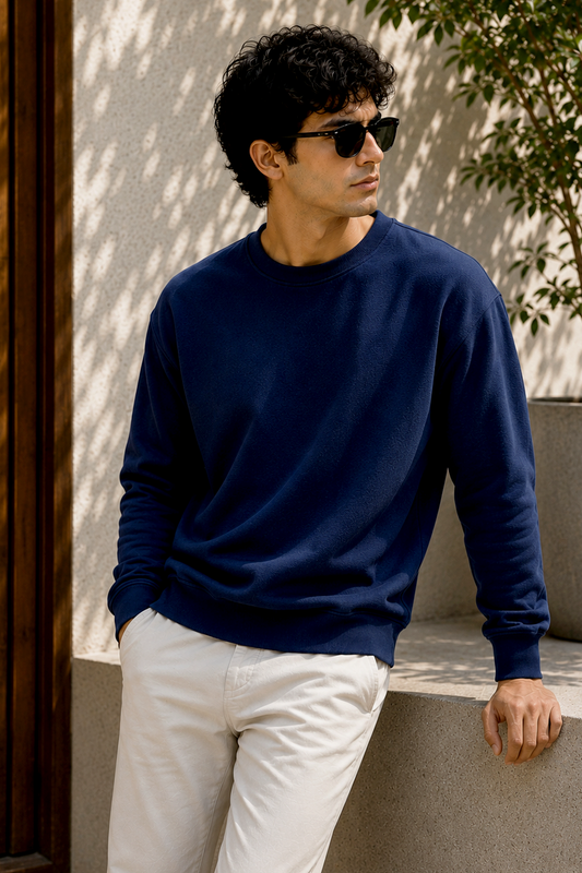 Navy Blue French Terry Full Sleeve Round Neck Tee