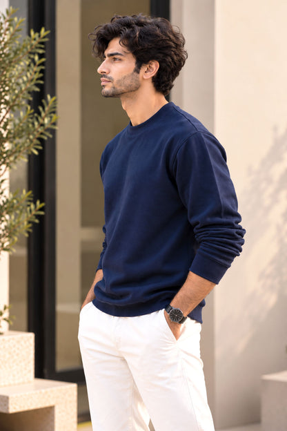 Navy Blue French Terry Full Sleeve Round Neck Tee