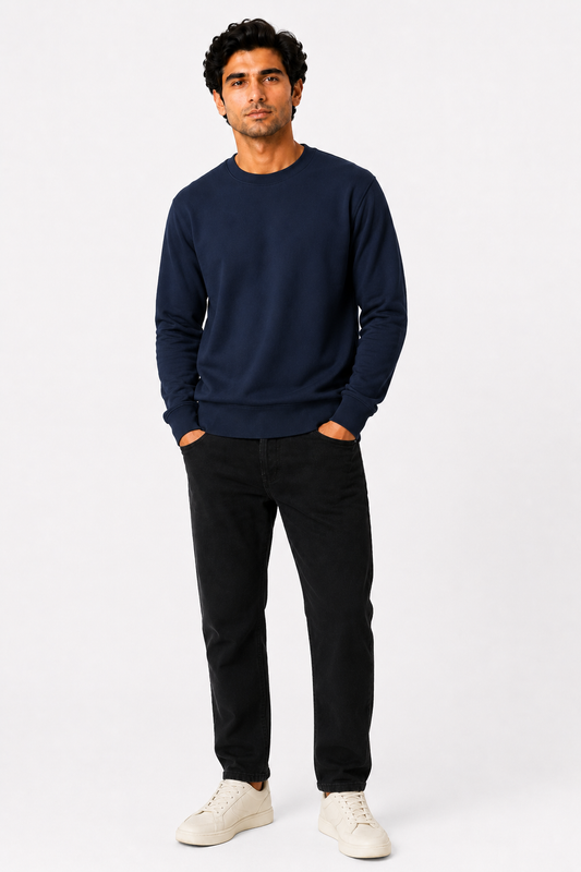 Navy Blue French Terry Full Sleeve Round Neck Tee
