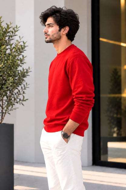 Special Red French Terry Full Sleeve Round Neck Tee